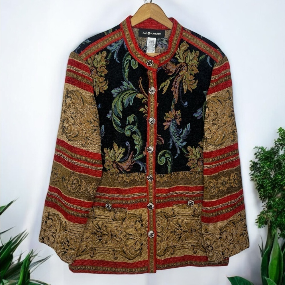 Vintage Sag Harbor Tapestry Jacket Baroque Floral Brocade Statement Blazer M